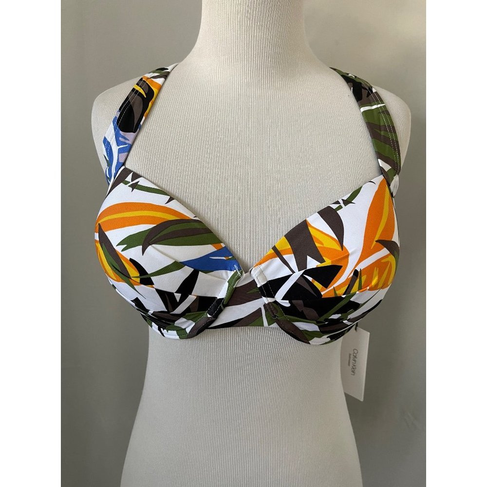 Calvin Klein Multi-Color Tropical Print Adjust Criss Cross Tie Back Bikini Top